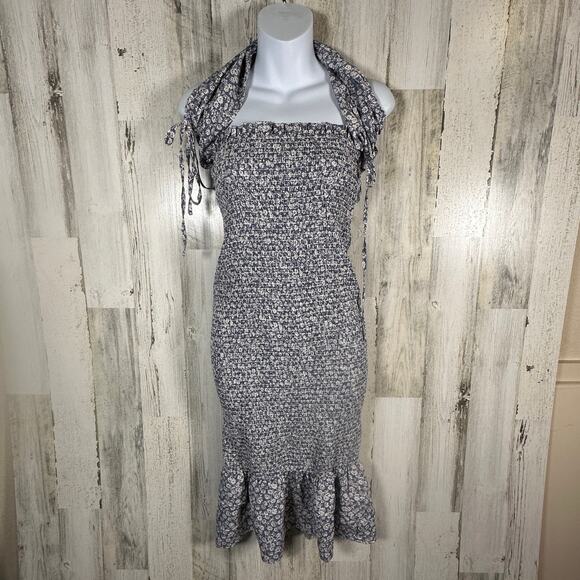 Mable Dusty Blue Floral Midi Dress M | Smocked Halter | Ruffle Hem | MSRP $90 - Picture 1 of 10